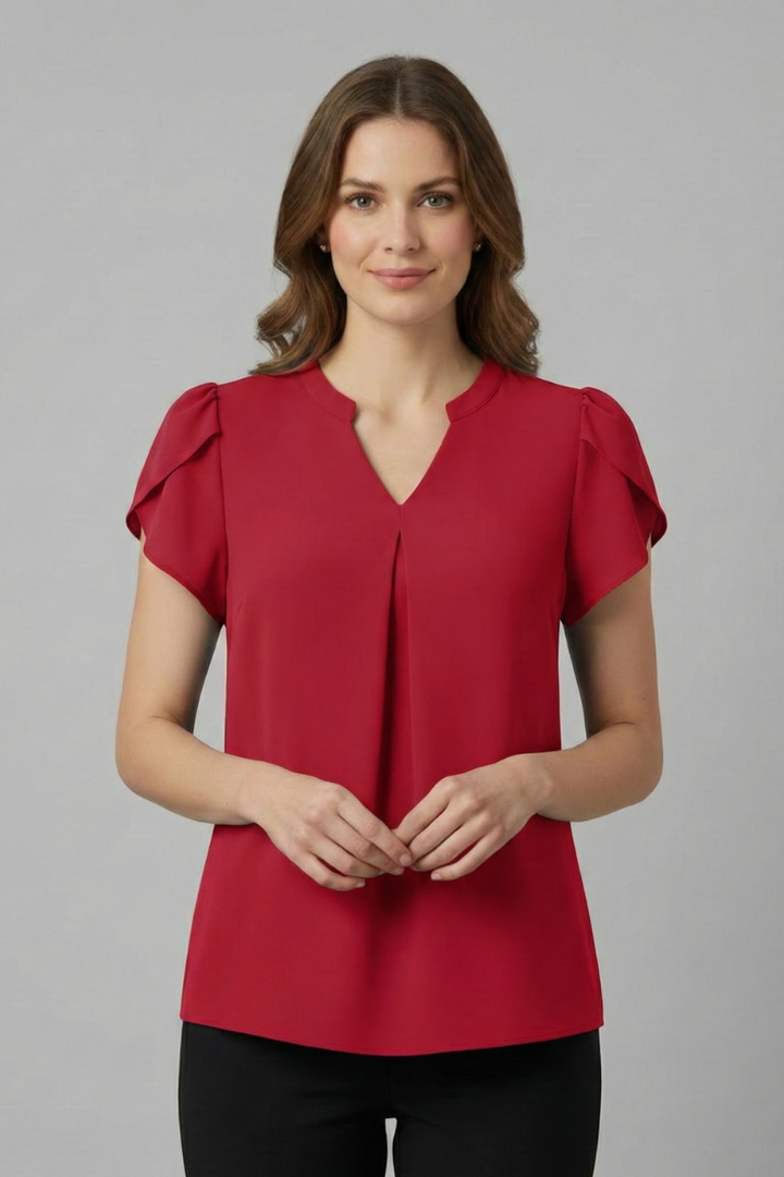 Stylish women's V-neck short sleeve blouse, a loose-fit top for casual elegance or professional workwear.
