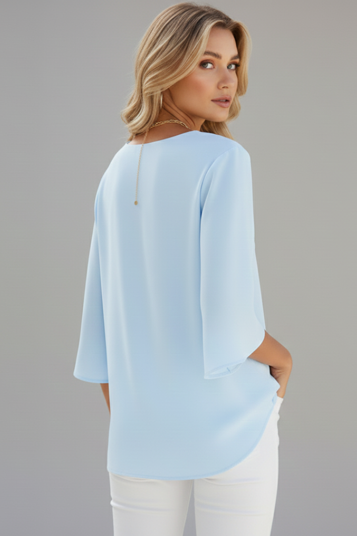 Casual women's V-neck short sleeve blouse, comfortable loose fit, perfect for summer or stylish workwear.