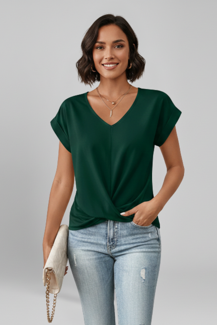 Effortless women's V-neck short sleeve casual blouse, perfect for summer fashion & work.