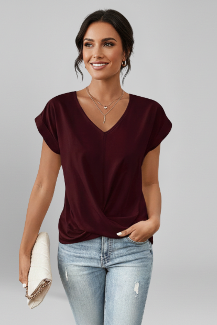 Elegant casual women's V-neck short sleeve blouse, versatile for everyday wear & professional style.