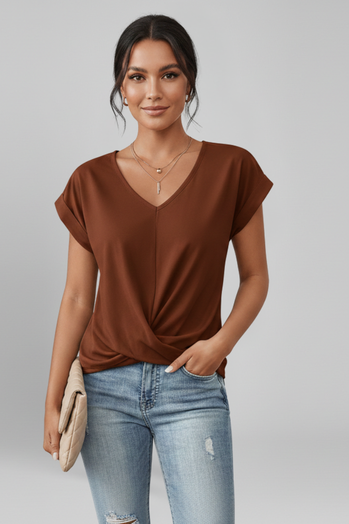 Versatile women's V-neck short sleeve blouse, suitable for casual, work, and everyday style.