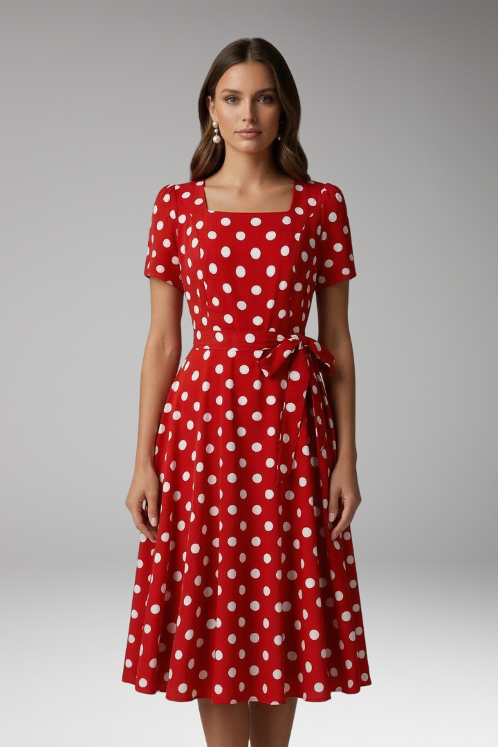 Elegant women's casual dress with V-neck, short sleeves & chic spot pattern, knee-length.