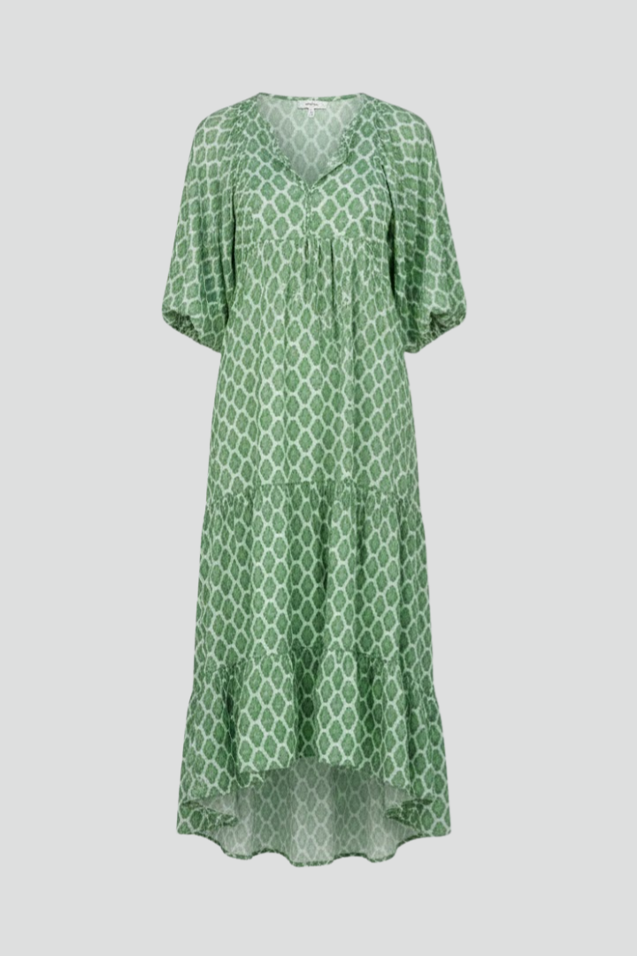 Women's V-neck short sleeve maxi dress in a vibrant printed pattern, ideal for comfortable casual summer wear.