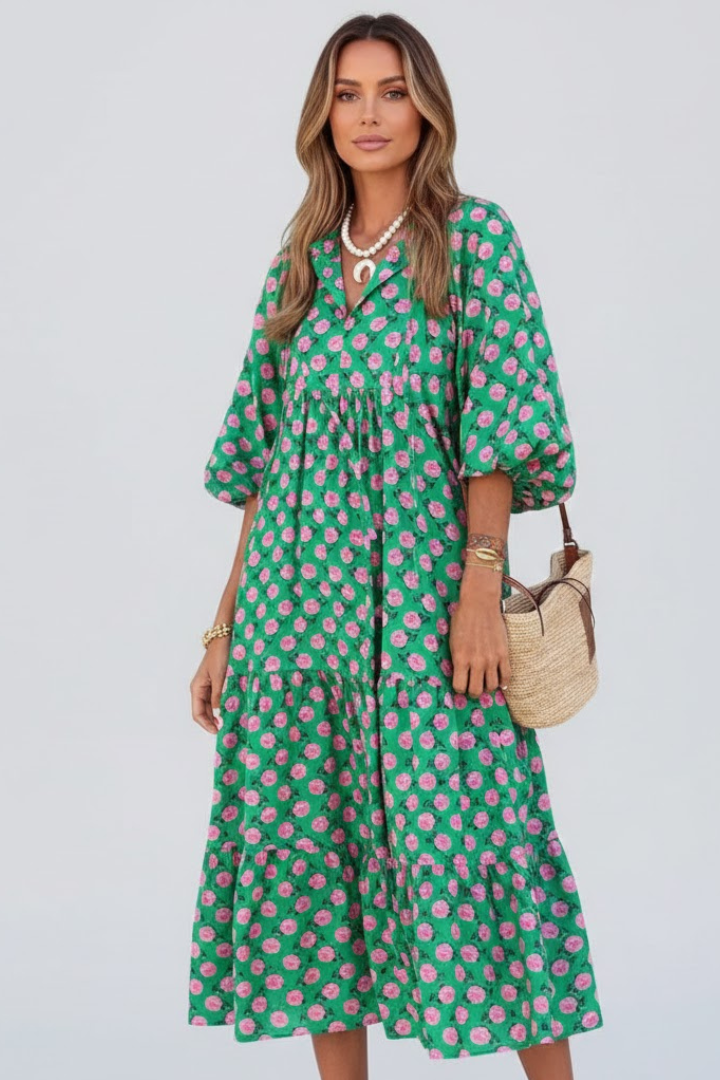 Printed V-neck short sleeve maxi dress for women. A comfortable, long dress perfect for casual summer wear.