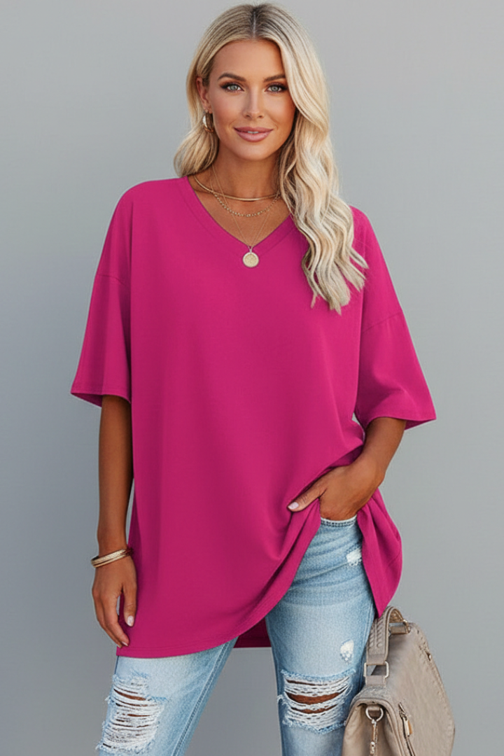 Women's V-neck short sleeve t-shirt, loose fit design, perfect for effortless, casual everyday wear.