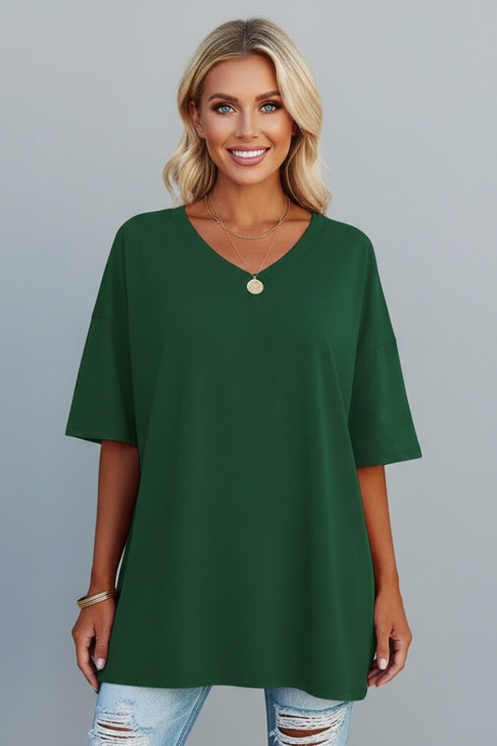 Relaxed style women's V-neck t-shirt. Loose fit, short sleeves, a comfortable pull-on casual top.