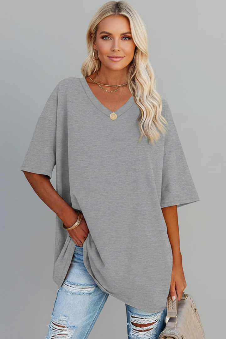 Soft fabric women's V-neck t-shirt, loose fit, short sleeves, a comfortable pull-on casual top.