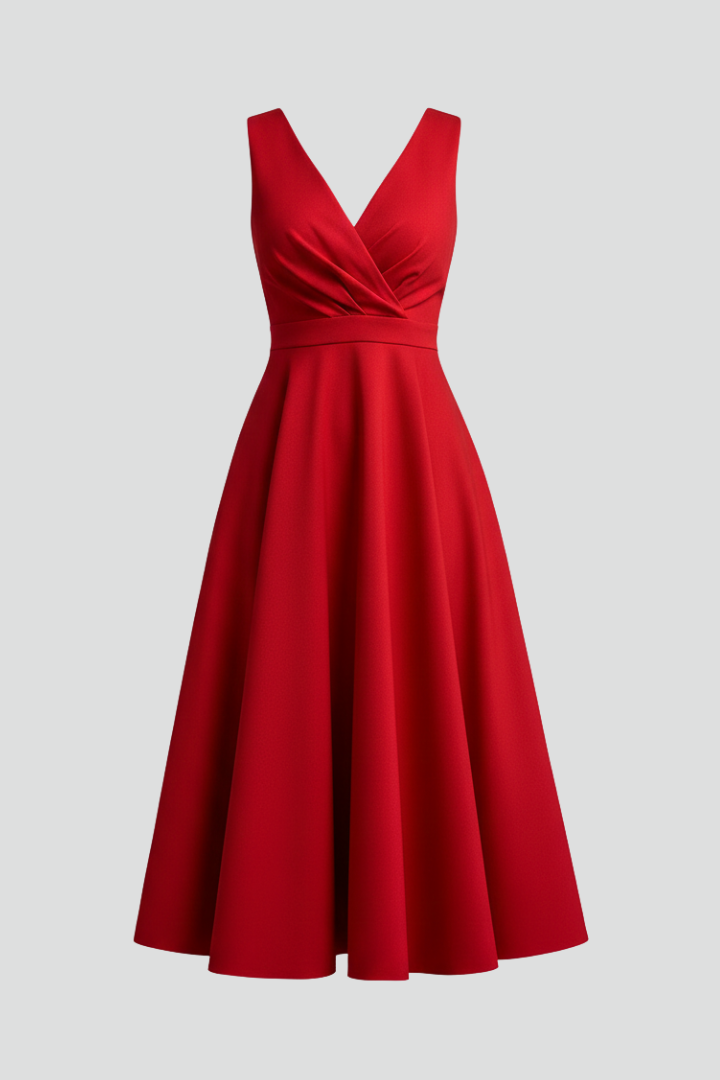 Women's V-neck sleeveless midi dress, A-line silhouette, elegant & versatile for any season.