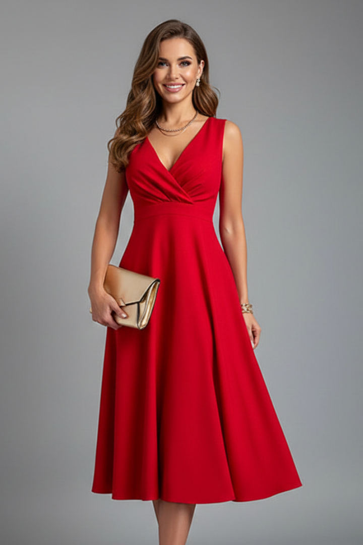 Chic V-neck sleeveless A-line midi dress for women, comfortable & stylish for all seasons.