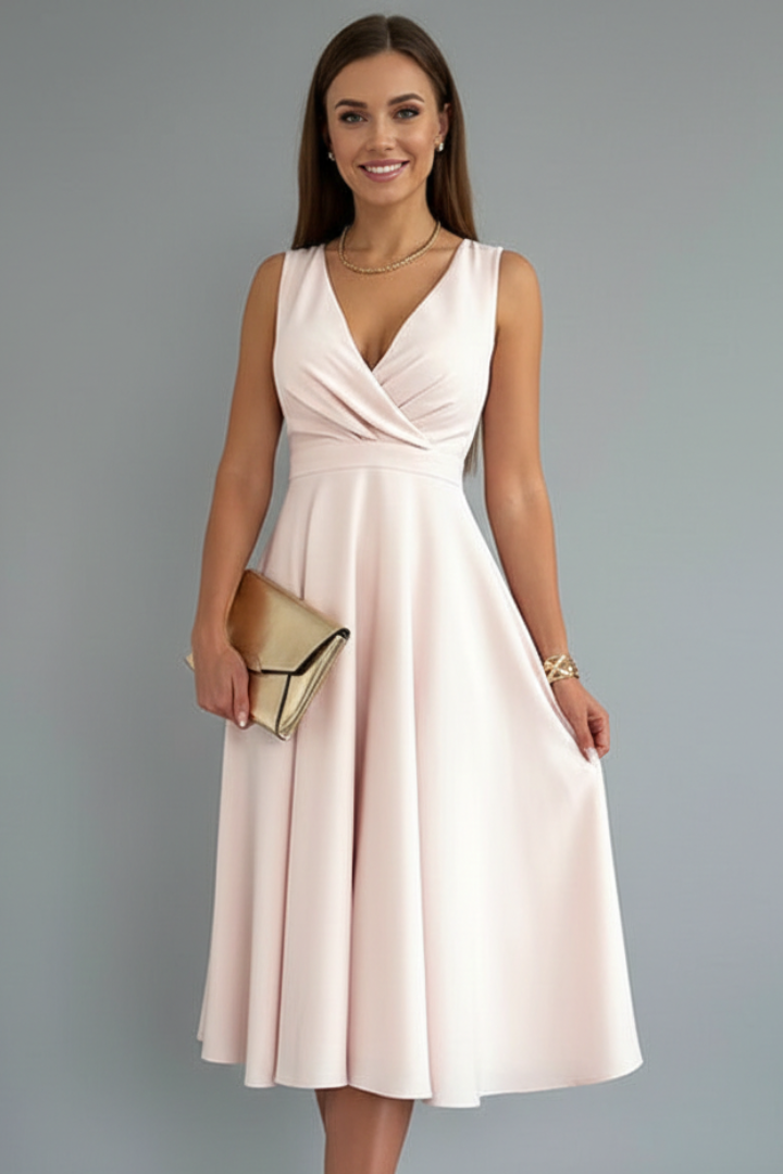 Woman models an elegant V-neck sleeveless A-line midi dress with back zip, perfect for events.