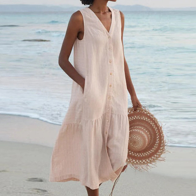 Women's V-neck sleeveless midi dress with ruffle hem & button-front, perfect for summer casual wear.