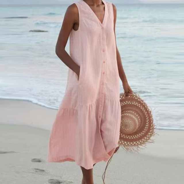 Elegant women's sleeveless V-neck midi dress with ruffle hem detail and functional button-front closure.