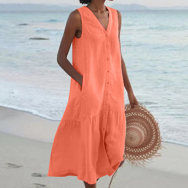 Summer casual V-neck midi dress for women, sleeveless with a chic ruffle hem & practical button-front design.