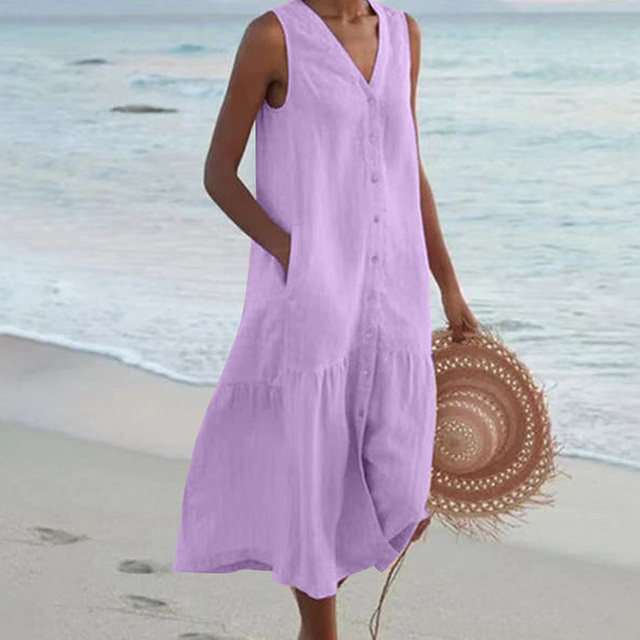 Relaxed women's V-neck sleeveless midi dress, button-front, ruffle hem. A comfortable and chic summer essential.