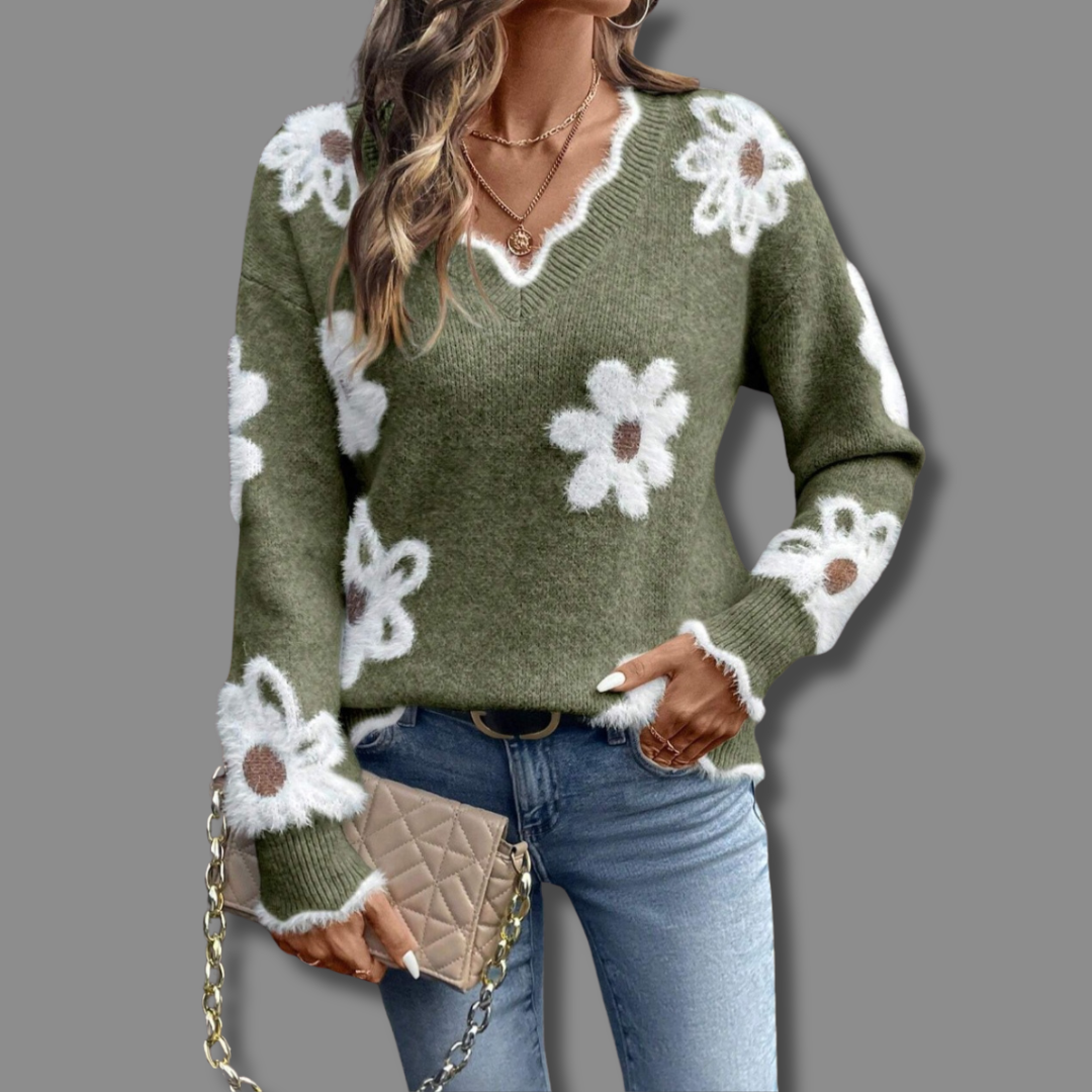 Comfortable women's v-neck sweater with a relaxed fit & delicate textured floral design.