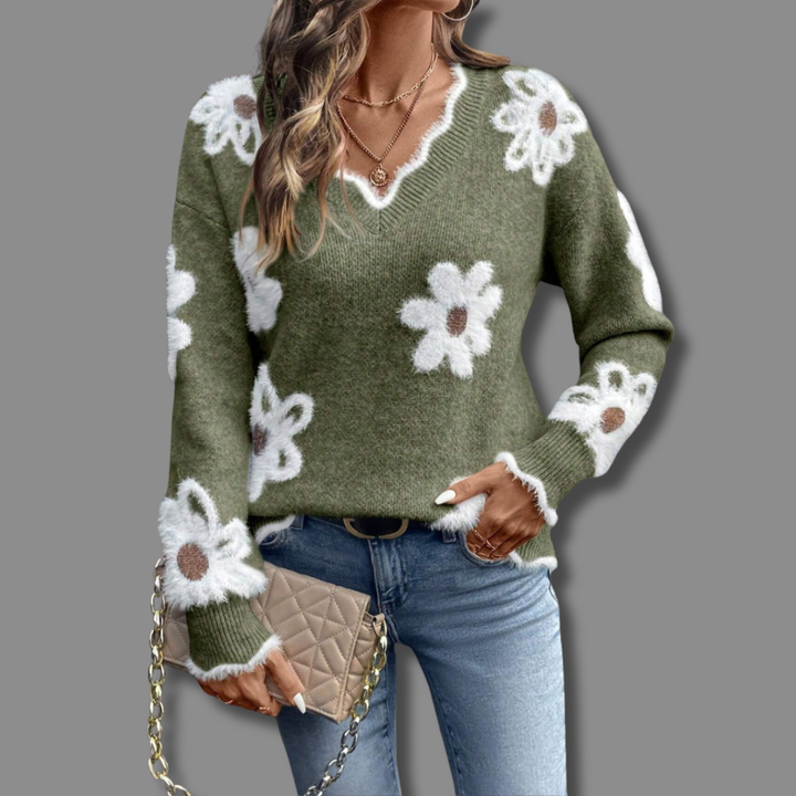 Comfortable women's v-neck sweater with a relaxed fit & delicate textured floral design.