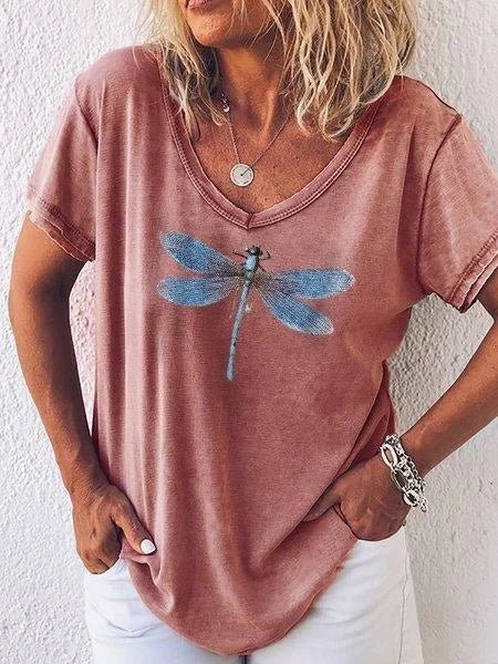 Women's V-neck t-shirt with delicate dragonfly print. Relaxed fit, short sleeve top perfect for casual summer wear.