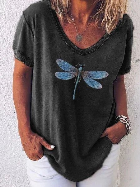 Soft, relaxed fit women's V-neck top with beautiful dragonfly print. Short sleeve blouse, perfect for warm weather.