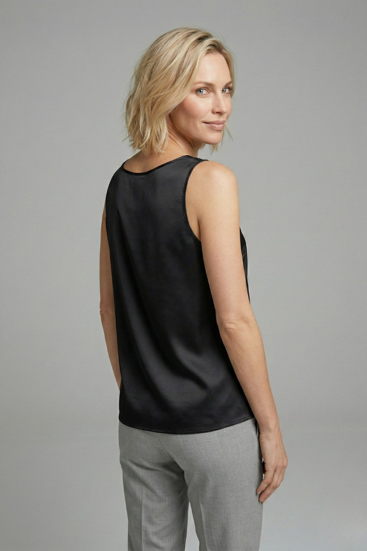 Plain straight-cut women's V-neck tank top, an easy-care summer essential.