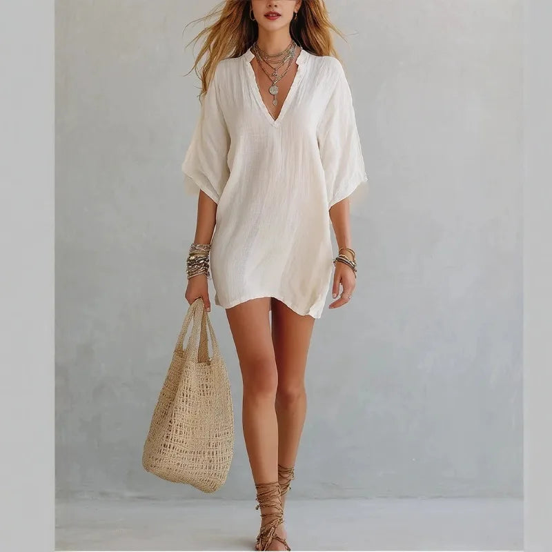 Relaxed fit V-neck short tunic dress for women, a versatile summer dress perfect for beach days or casual outings.