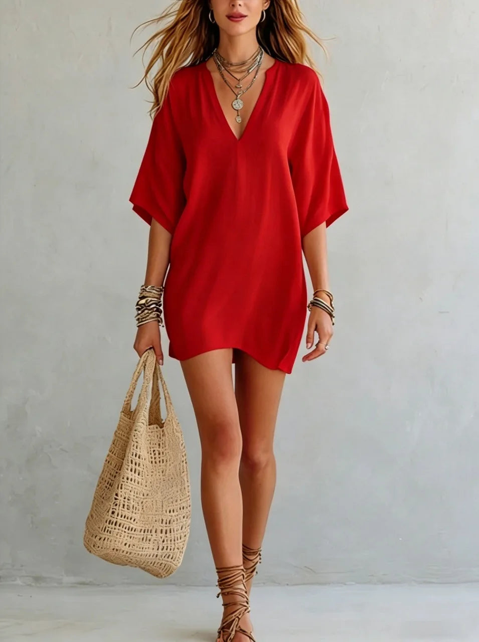 Women's V-neck tunic mini dress featuring a relaxed fit, great for a breezy summer dress or casual everyday style.