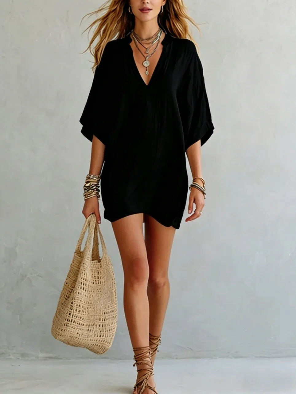 Short V-neck tunic dress for women, a relaxed fit mini dress perfect for casual summer wear, beach, or everyday style.