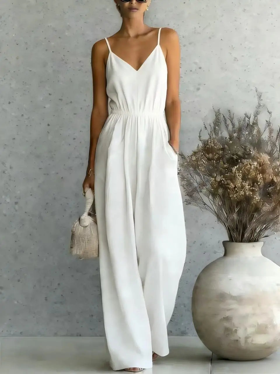 Women's V-neck wide leg casual jumpsuit, perfect for summer, vacation, or effortless chic style.