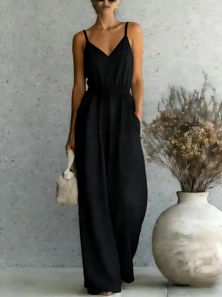 Sleeveless V-neck wide leg jumpsuit for women, a relaxed fit one-piece ideal for summer casual outfits.