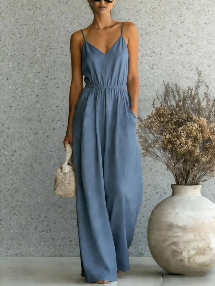 Casual V-neck wide leg women's jumpsuit, a comfortable sleeveless one-piece for easy summer fashion & vacation outfits.