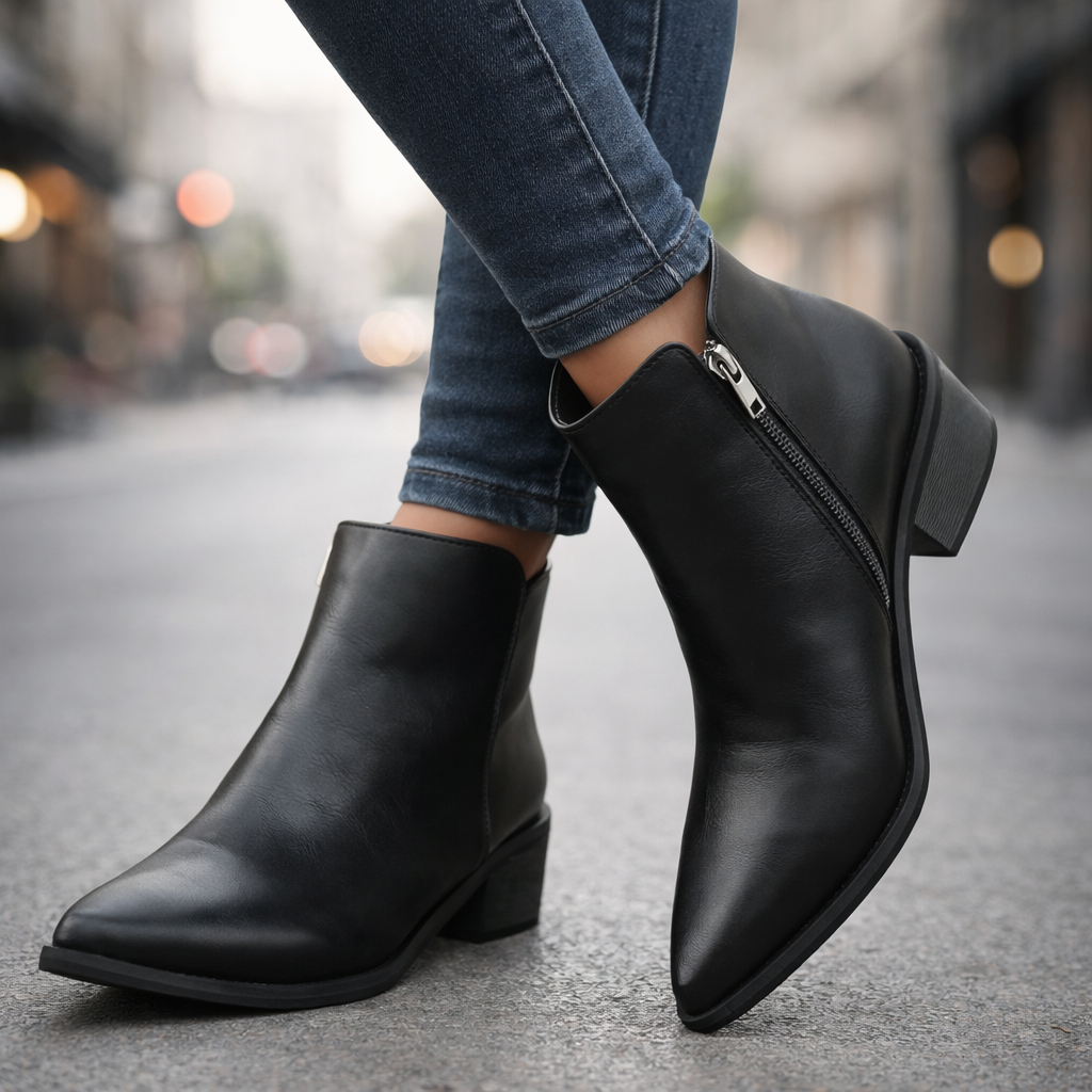 Verona elegant women's leather ankle boots, pointed toe, block heel, ideal for casual chic outfits.