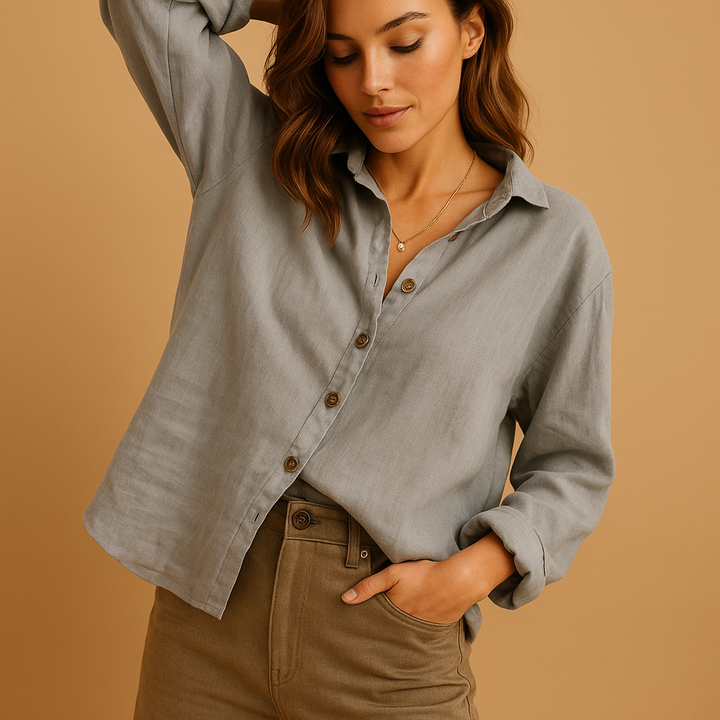 Chic women's casual blouse, ideal for office fashion or smart casual everyday style. Comfortable long-sleeve top.