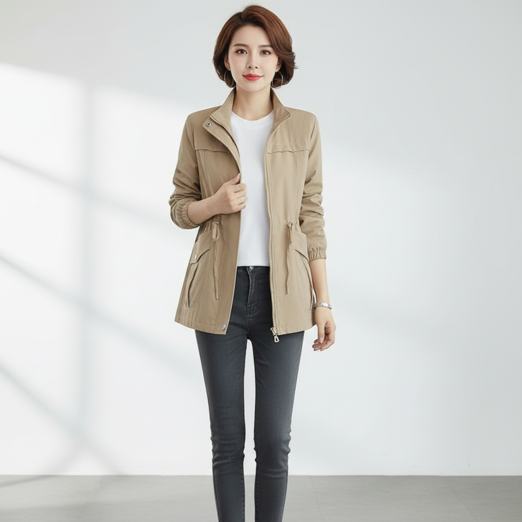 Women's stylish stand collar jacket with a beautiful flora pattern, great for autumn or spring fashion.