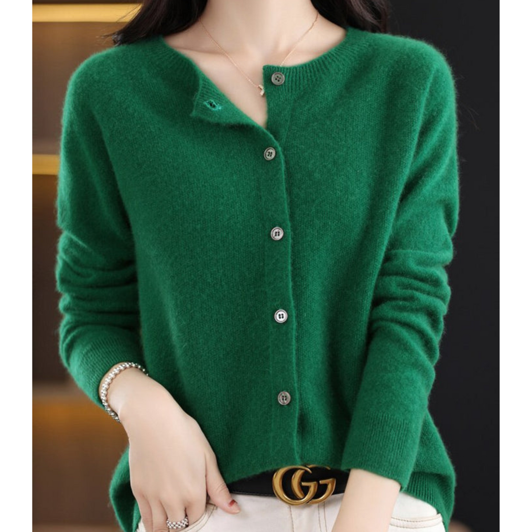Versatile women's black O-neck button-front cardigan. Essential long sleeve knit for seamless transitions.