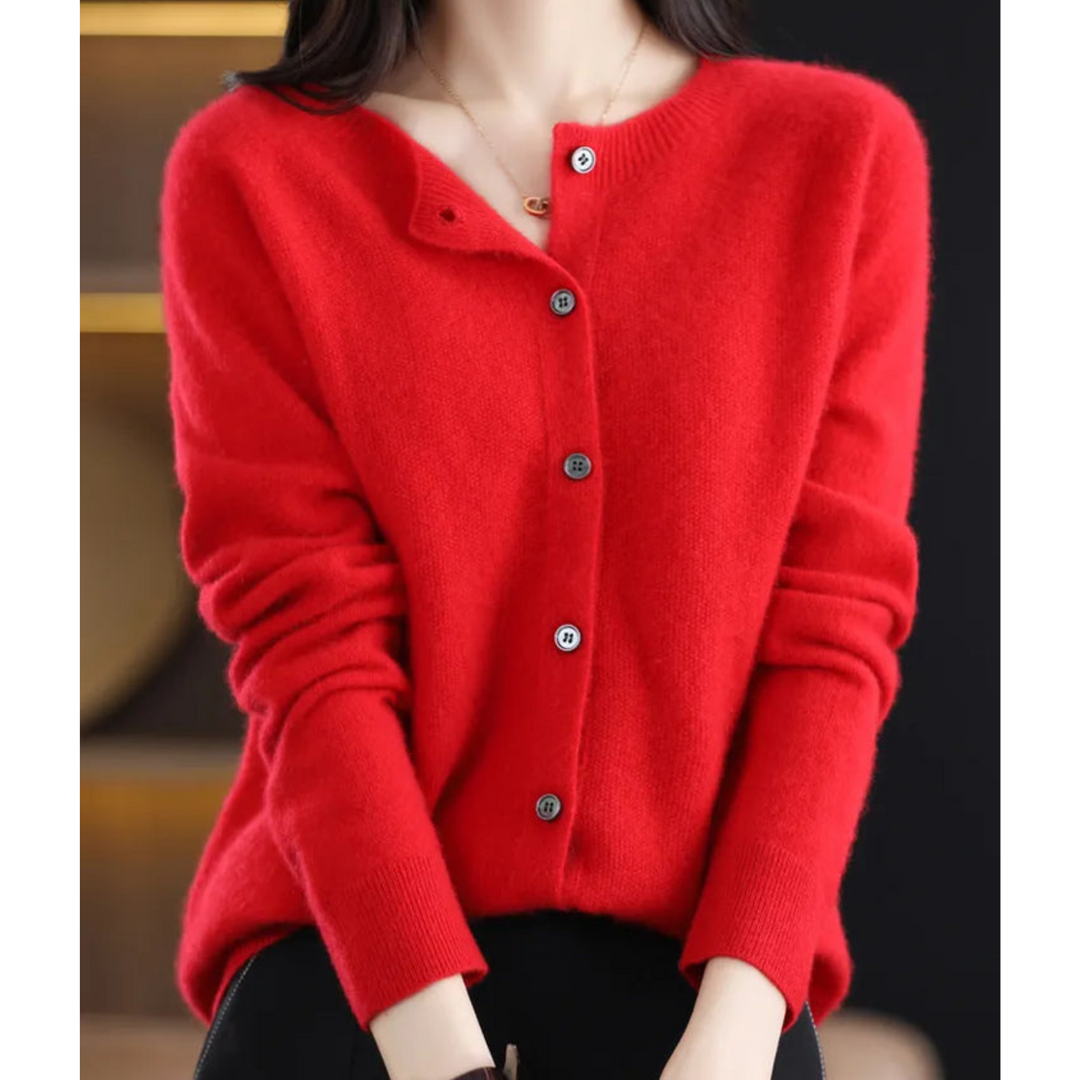 Women's everyday button-front O-neck cardigan. Long sleeve knit, perfect for both office and casual settings.