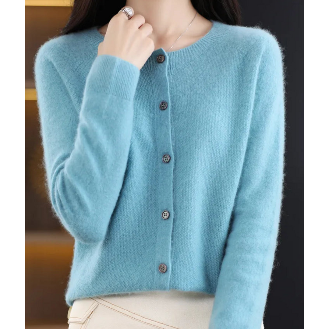 Classic women's navy O-neck button-front cardigan. Versatile knitwear for office & casual comfort.