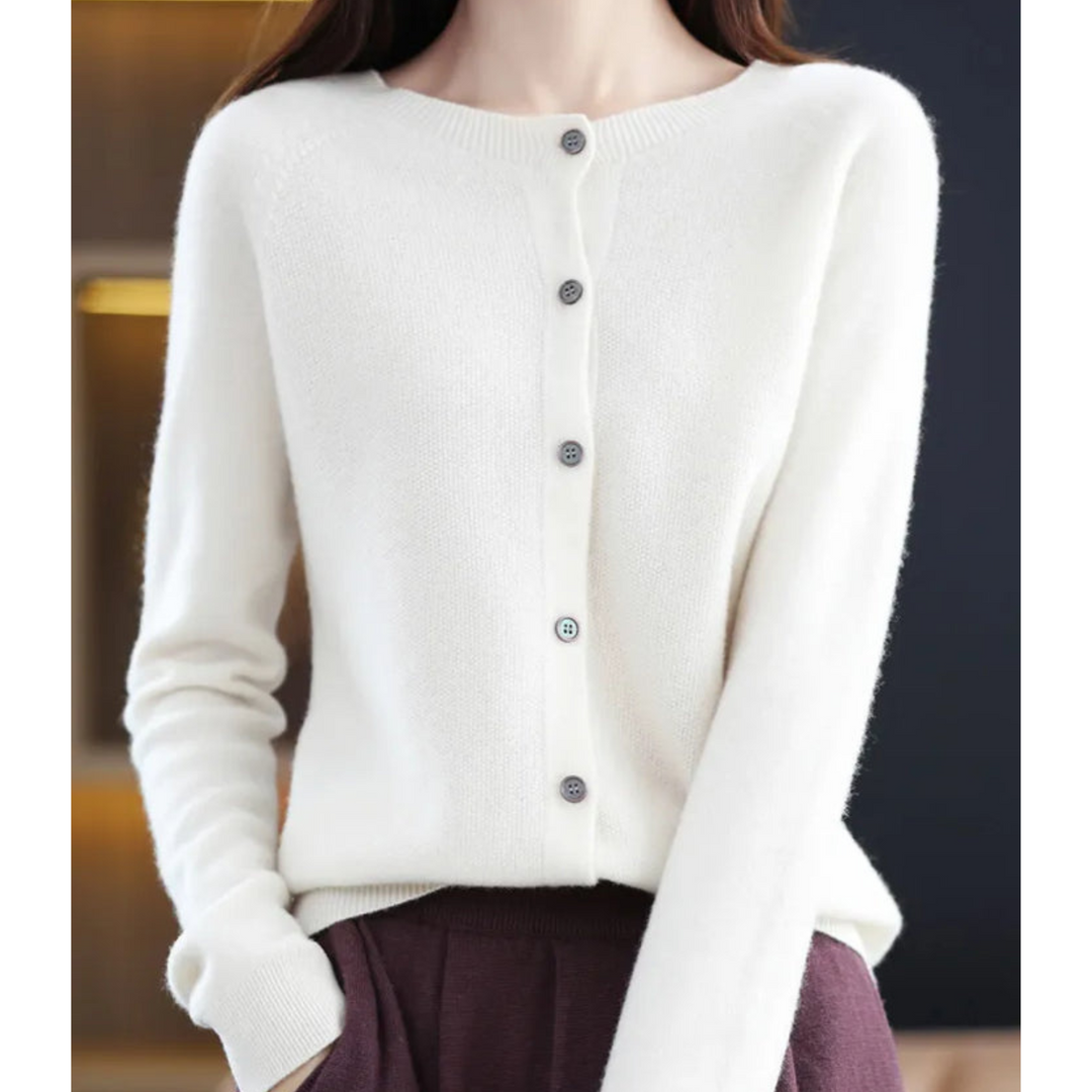 Cream O-neck women's cardigan, button-front, long sleeve. Cozy, comfortable knit for all-day wear.