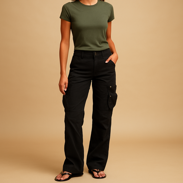 Women's versatile straight-leg cargo pants in a neutral color, perfect for casual everyday style with utility pockets.