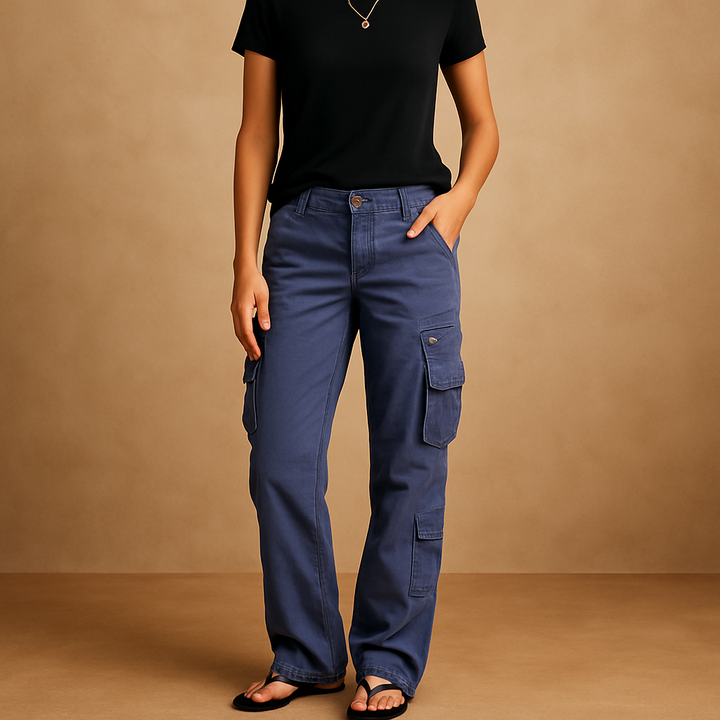Comfortable women's cargo trousers, ideal for effortless casual wear, featuring a relaxed straight leg fit.