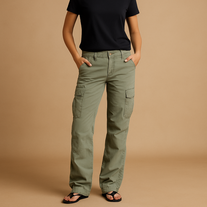 Stylish women's utility cargo pants with multiple functional pockets, designed for fashion and practicality.