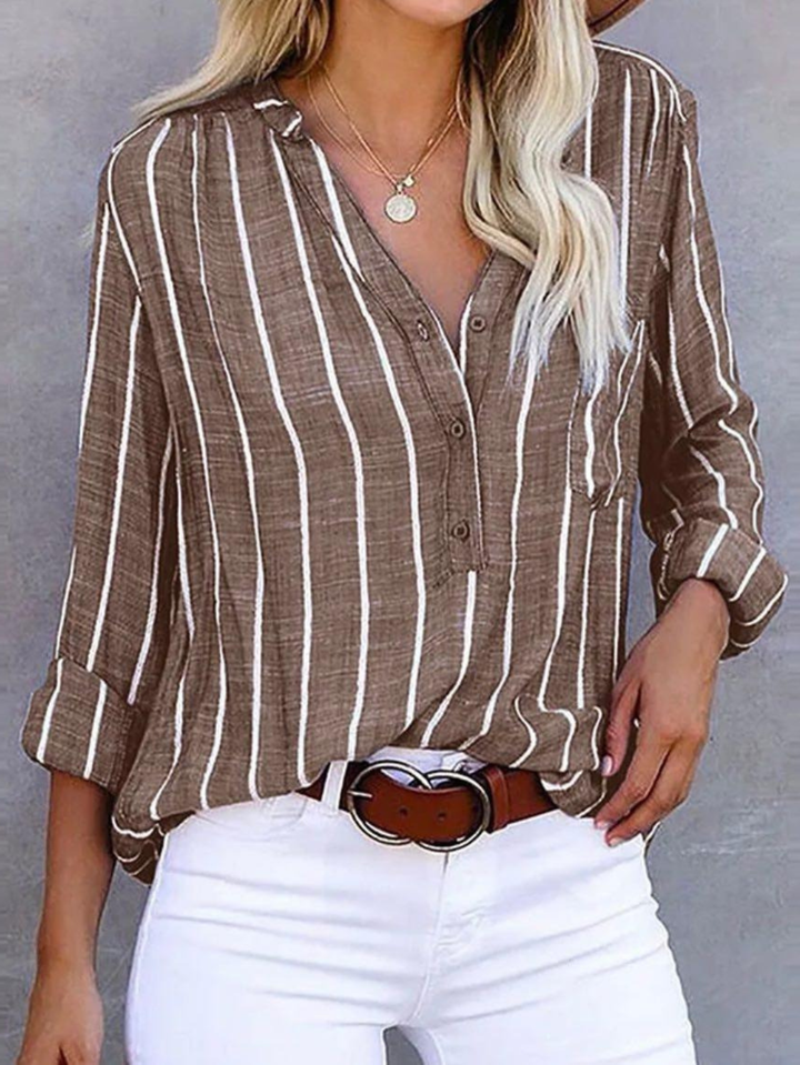 Plus size women's vertical stripe blouse. Long sleeve V-neck top, perfect for casual everyday or workwear.