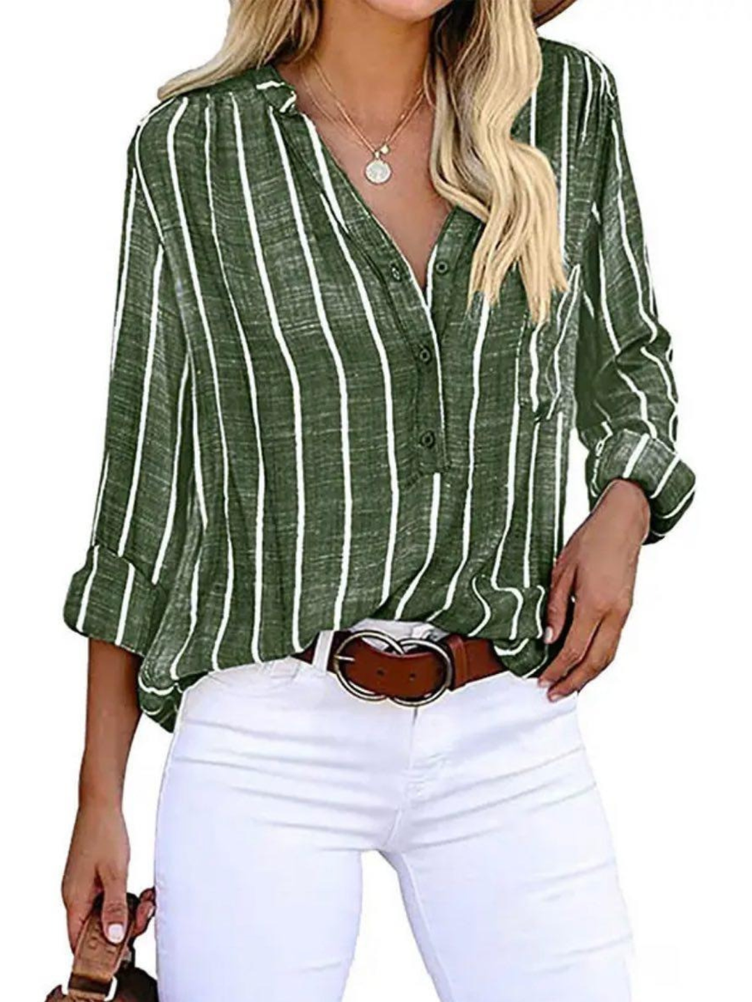 Women's casual vertical stripe long sleeve blouse, V-neck, button-front. Relaxed fit for everyday elegance.