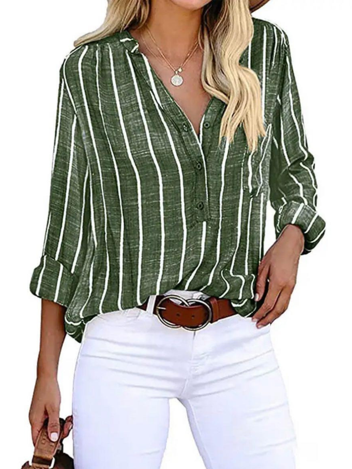 Women's casual vertical stripe long sleeve blouse, V-neck, button-front. Relaxed fit for everyday elegance.