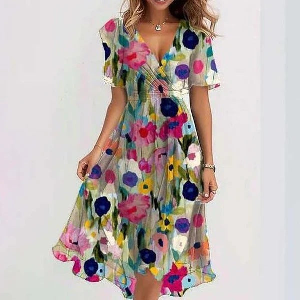 Flowy abstract midi dress, perfect for vibrant summer days or elegant daywear.