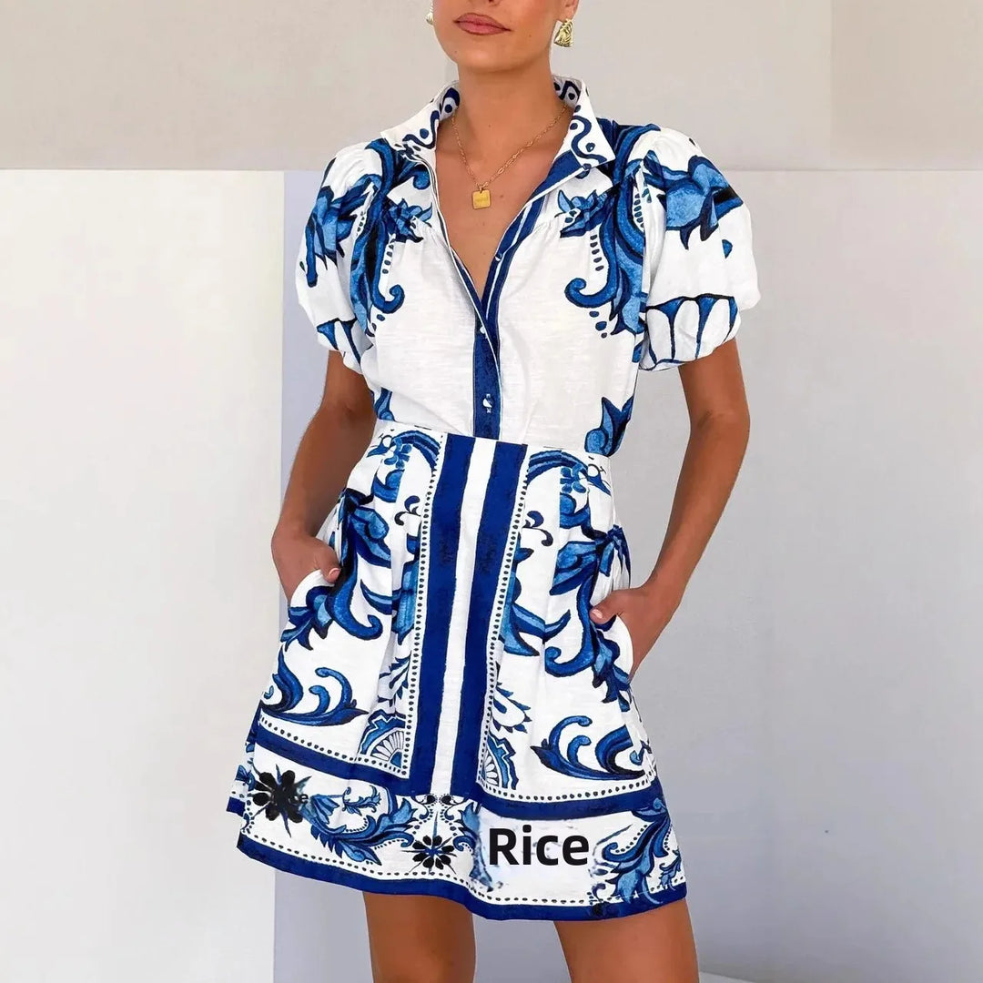 Summer fashion: Women's floral cocktail mini dress with charming puff sleeves.