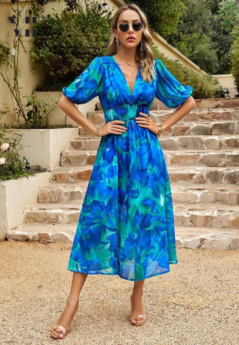 Comfortable women's floral midi dress, V-neck, short sleeve, and flattering tie waist.