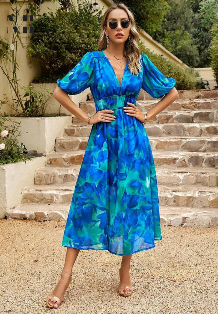 Comfortable women's floral midi dress, V-neck, short sleeve, and flattering tie waist.