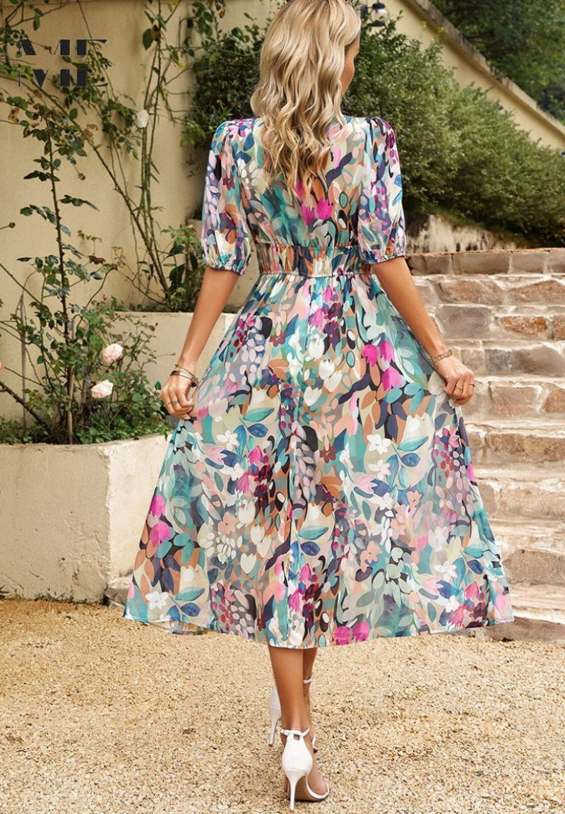 Casual summer floral midi dress for women, featuring a V-neck and short sleeves.