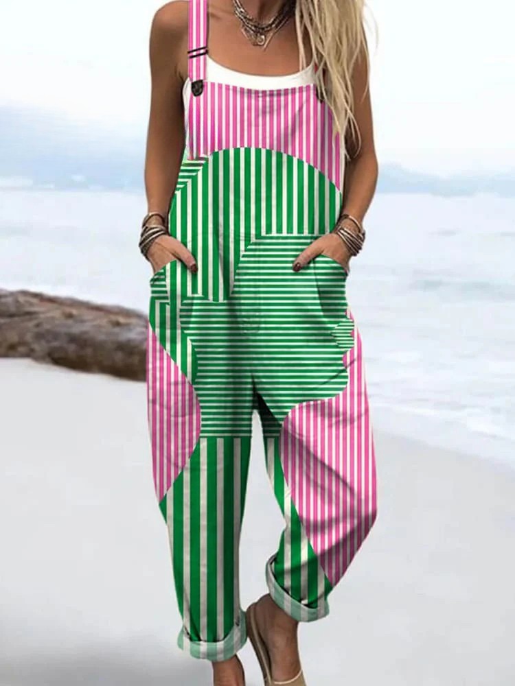 Women's vibrant geometric stripe print sleeveless casual jumpsuit, featuring a comfy bib pocket for summer chic.