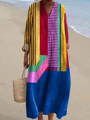 Boho chic women's casual maxi dress. Colorful patchwork print, long sleeves, V-neck. Comfortable & versatile.