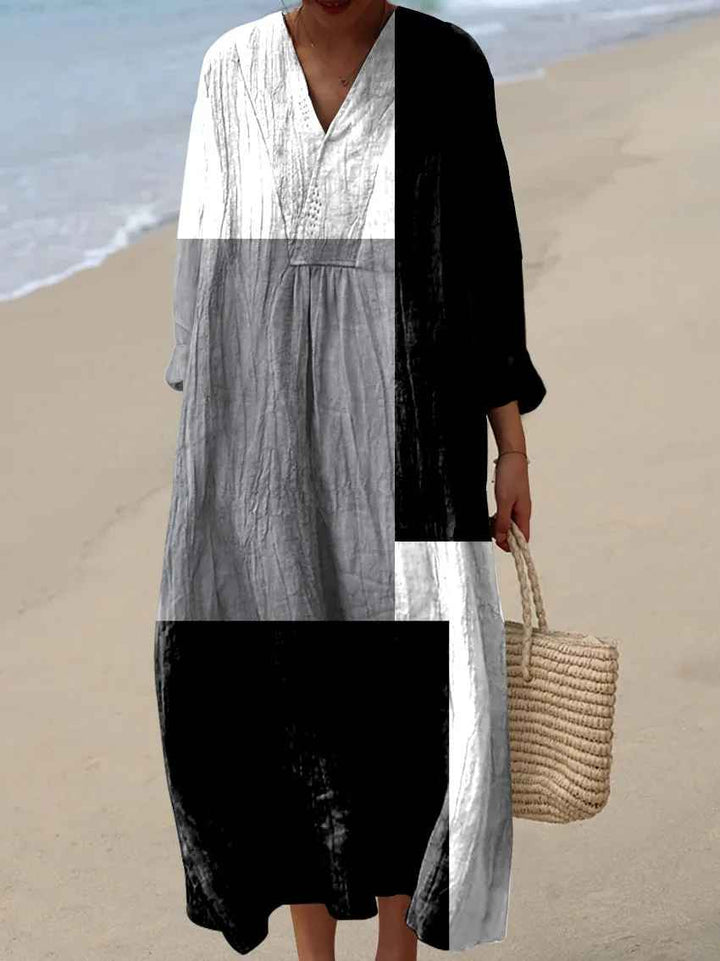 Women's vibrant patchwork maxi dress. Long sleeve V-neck, flowy & comfortable. Elegant casual summer style.